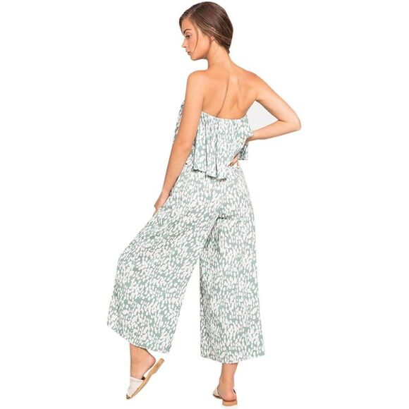 LSpace Paulina Strapless Jumpsuit Stone Steps Size XS Wide Leg Smocked Ruffle - Picture 2 of 8